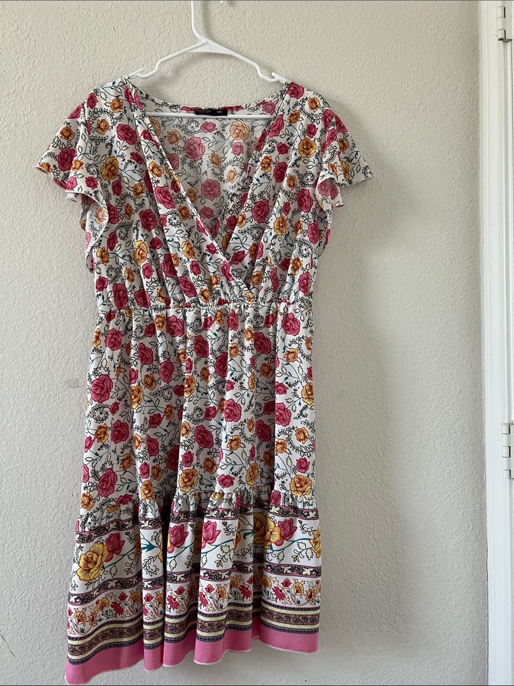 SHEIN White Floral V-Neck Dress with Pink & Yellow Roses